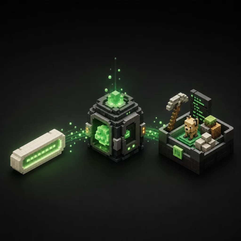 A written prompt turning into a small Minecraft scene with a tamed animal
